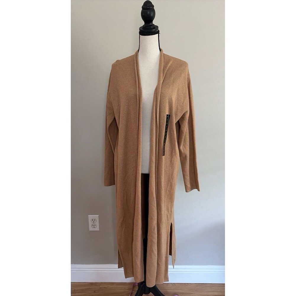 Camel-colored longline open-front cardigan